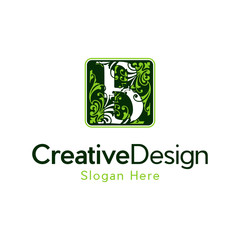 Letter B with leaf green garden nature pattern ornament logo vector icon design, Graceful royal style. Calligraphic beautiful logo