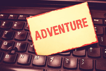 Writing note showing Adventure. Business photo showcasing unusual and exciting daring experience...