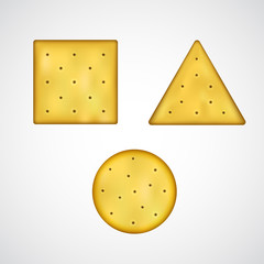 Salty snack cookie crackers vector design template set isolated on white. Crunchy fast food that goes with beer or breakfast, bread carbs for merchandise package, poster ads. Square, round, triangle.