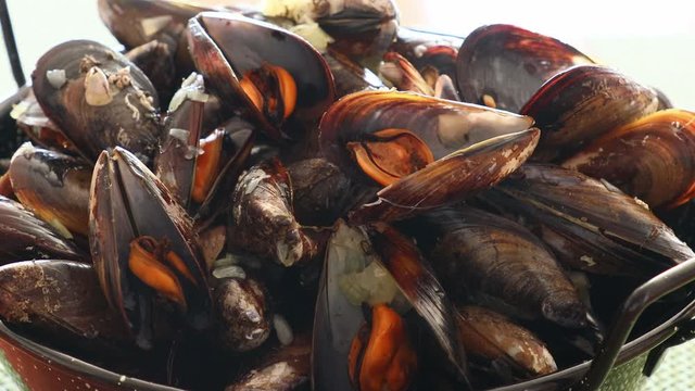 Mussels in copper pot.