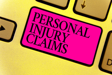 Writing note showing Personal Injury Claims. Business photo showcasing being hurt or injured inside work environment Keyboard pink key Intention computer computing reflection document