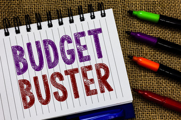 Text sign showing Budget Buster. Conceptual photo Carefree Spending Bargains Unnecessary Purchases Overspending Open spiral notebook page jute background colorful markers Expressing ideas