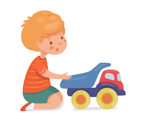 Boy playing with toy car flat vector illustration