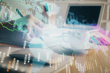 Financial chart drawn over hands taking notes background. Concept of research. Multi exposure