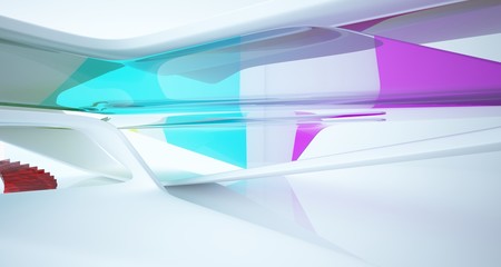 Fototapeta premium Abstract architectural white and glass gradient color smooth interior of a minimalist house with large windows.. 3D illustration and rendering.