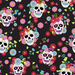 Day of the Dead skull with floral ornament and blooming flower seamless pattern on black background. Dia De Los Muertos celebration pattern background. vector illustration