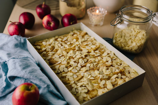 Unbaked Spiced Apple and Almond cake ready to go into oven