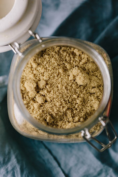 Top down shot of brown sugar in jar