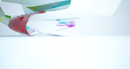 Abstract architectural white and glass gradient color smooth interior of a minimalist house with large windows.. 3D illustration and rendering.