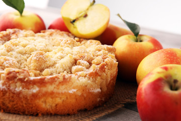 Apple pie or homemade cake with apples on wood. Delicous dessert apple tart