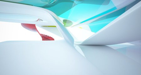 Naklejka premium Abstract architectural white and glass gradient color smooth interior of a minimalist house with large windows.. 3D illustration and rendering.