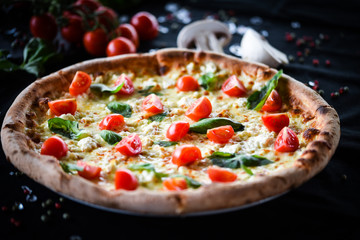 fresh italian pizza with mozzarella, cherry tomatoes & basil