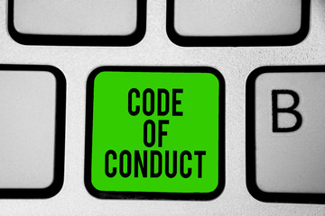 Word writing text Code Of Conduct. Business concept for Ethics rules moral codes ethical principles...
