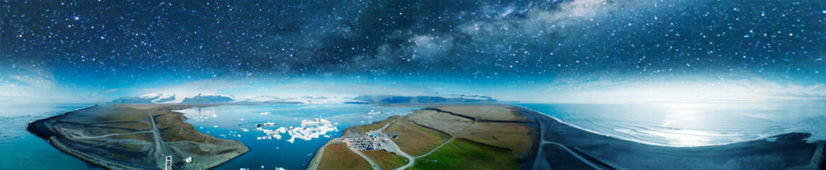 Jokullsarlon glacial lake in southwest Iceland. Panoramic aerial view of icebergs in the lagoon on...