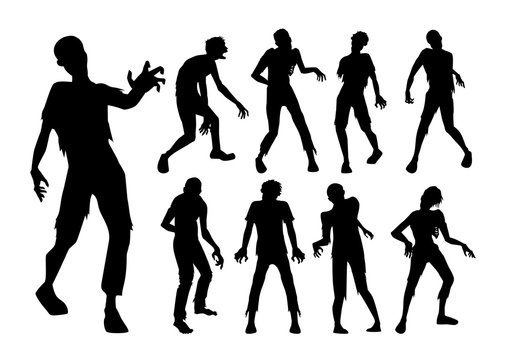 Male Zombie standing and walking actions in Silhouette style collection. Full lenght of people resurrected from the dead.