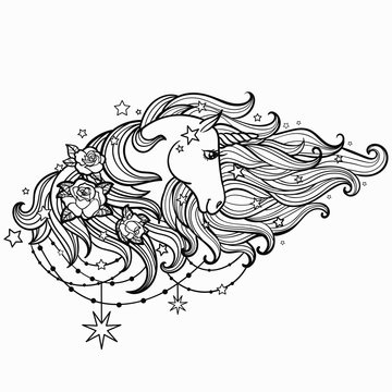 Unicorn with a long mane and roses. Black and white. Vector illustration