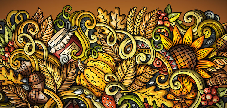 Cartoon cute colorful hand drawn doodles Fall season banner