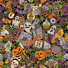 Fototapeta na wymiar Cartoon cute doodles hand drawn Halloween seamless pattern