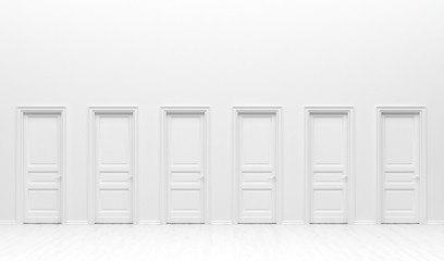 The interior of the room  in plain monochrome white color with many monotone doors. White background with copy space. 3D rendering illustration.