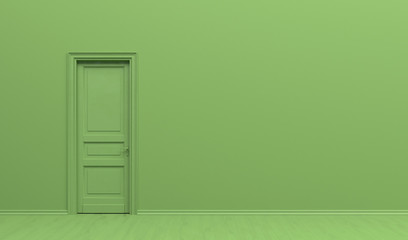 The interior of the room  in plain monochrome green color with single door. Green background with copy space. 3D rendering illustration. - obrazy, fototapety, plakaty