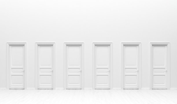 The Interior Of The Room  In Plain Monochrome White Color With Many Monotone Doors. White Background With Copy Space. 3D Rendering Illustration.