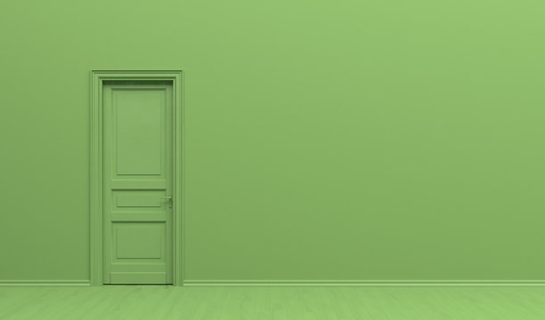 The interior of the room  in plain monochrome green color with single door. Green background with copy space. 3D rendering illustration.