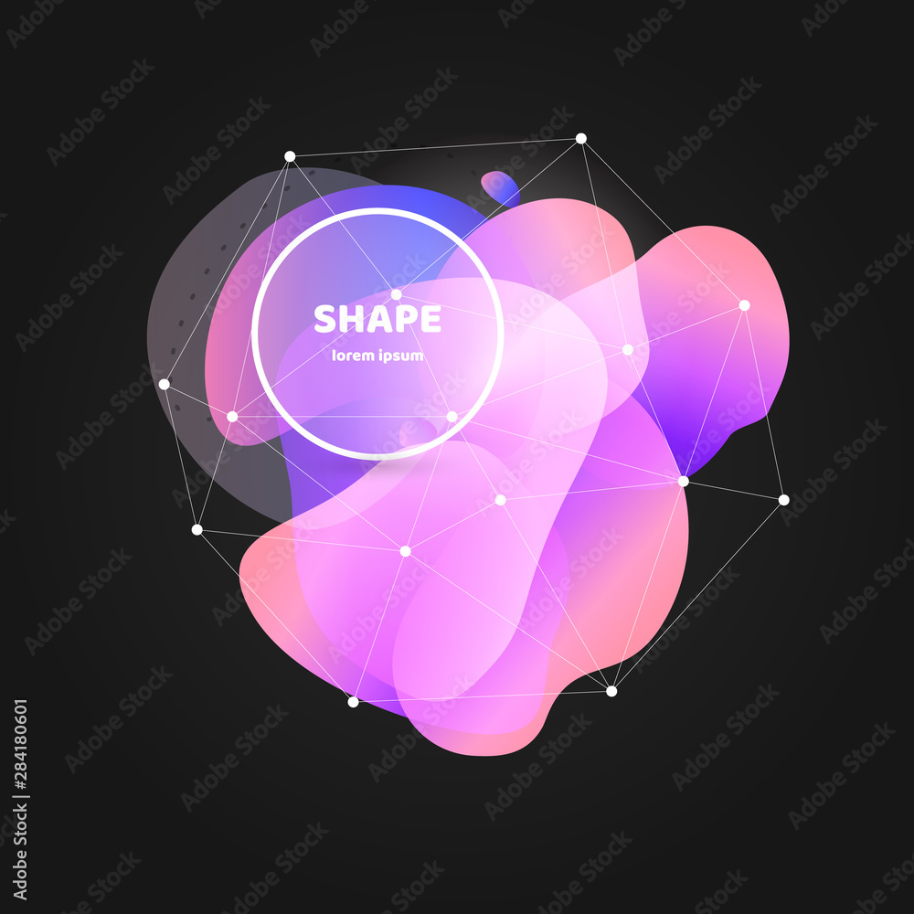 Poster abstract gradient wavy shape with white frame and polygon mesh on black background. trendy liquid or