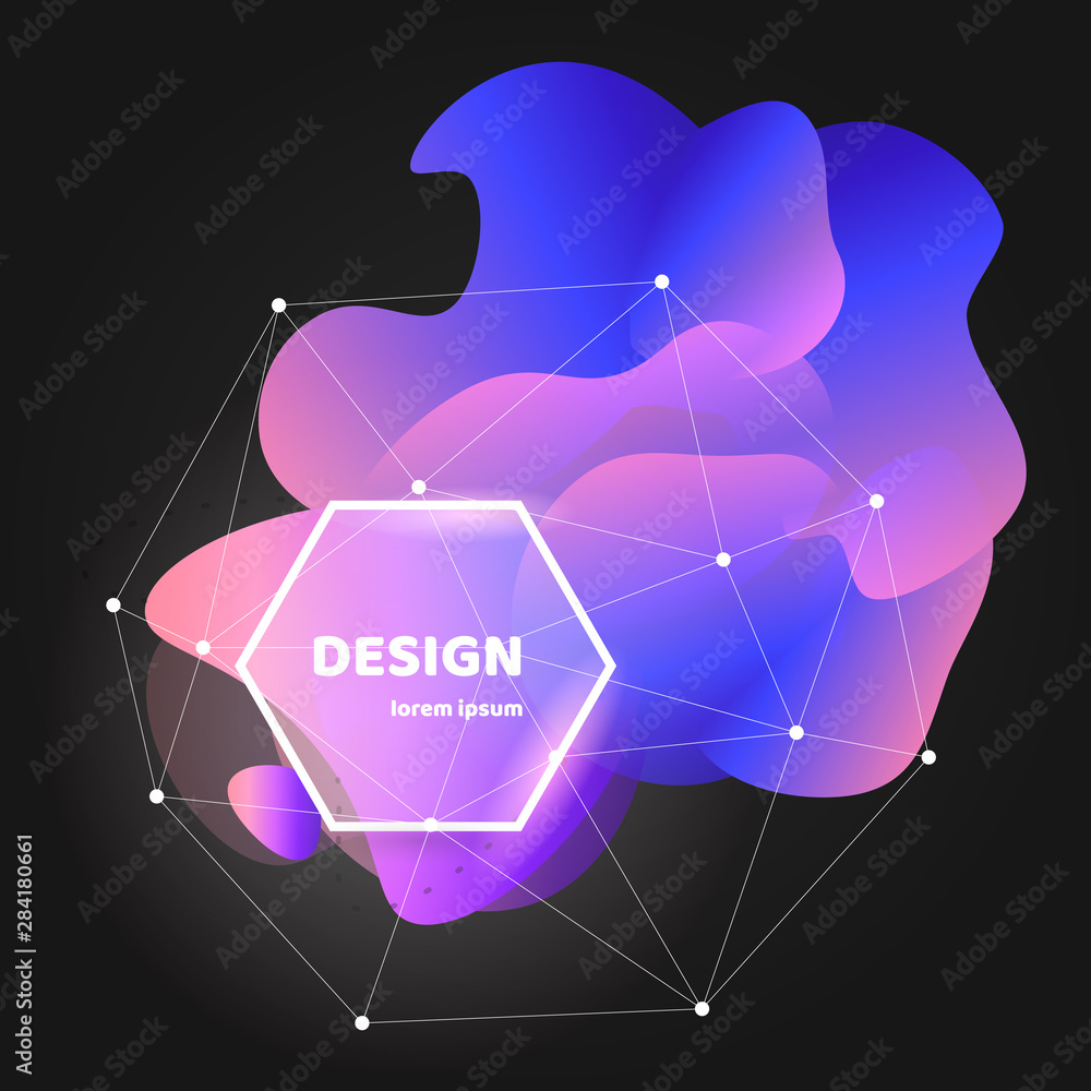 Poster abstract gradient wavy shape with white frame and polygon mesh on black background. trendy liquid or