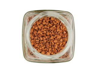 Glass can with coffee granulated instant, isolated on white background. Top View