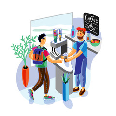 Barista making coffee for student flat vector illustration isolated on white background