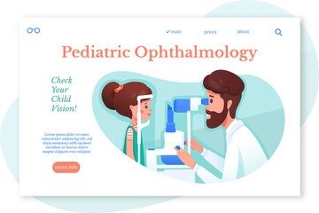 Pediatric Ophtalmology landing page vector template. Eye clinic appointment flat vector illustration