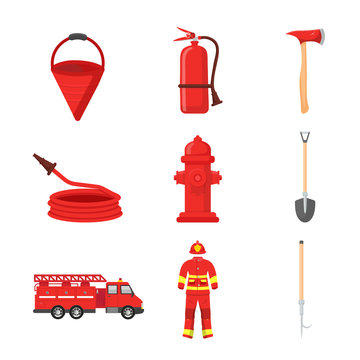 Firefighting equipment flat illustrations set