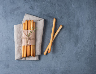 italian stick bread grissini traditional top view blue