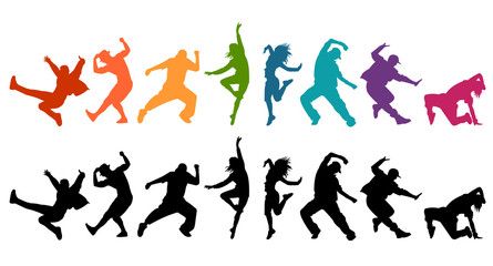 Detailed vector illustration silhouettes of expressive dance colorful group of people dancing. Jazz funk, hip-hop, house dance. Dancer man jumping on white background. Happy celebration