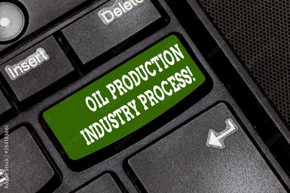 Poster text sign showing oil production industry process. conceptual photo petroleum company industrial pro