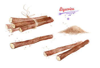 Watercolor illustration of Liquorice sticks and powder
