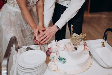 the bride and groom cut the wedding cake together