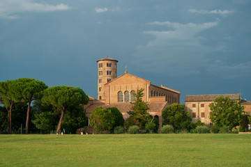 Saint Apollinare in Classe, Basilica with the round bell tower, Ravenna, Italy.