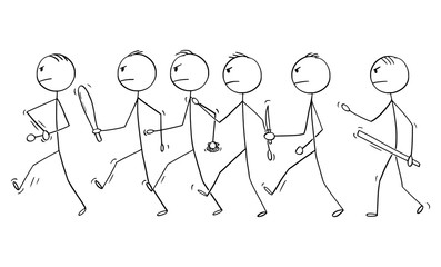 Vector cartoon stick figure drawing conceptual illustration of group of men or businessmen, who are going to fight or brawl with hand weapons like knife or rod.