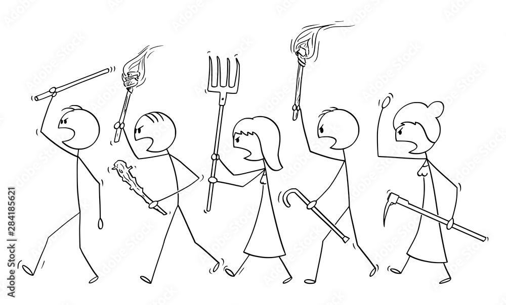 Poster vector cartoon stick figure drawing conceptual illustration of angry mob characters walking with tor