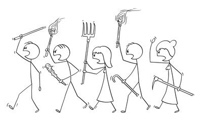 Vector cartoon stick figure drawing conceptual illustration of angry mob characters walking with torch and tools like pitchfork as weapons. Empty speech bubble ready for your text.