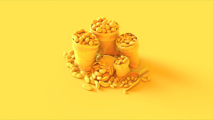 Yellow Gourmet Nuts Stored in Sacks 3d illustration