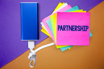 Word writing text Partnership. Business concept for Association of two or more people as partners Cooperation Unity Multiple colour sticky remember cards data cable learn send message