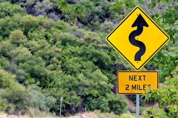 Yellow road sign indicating Winding Road ahead.