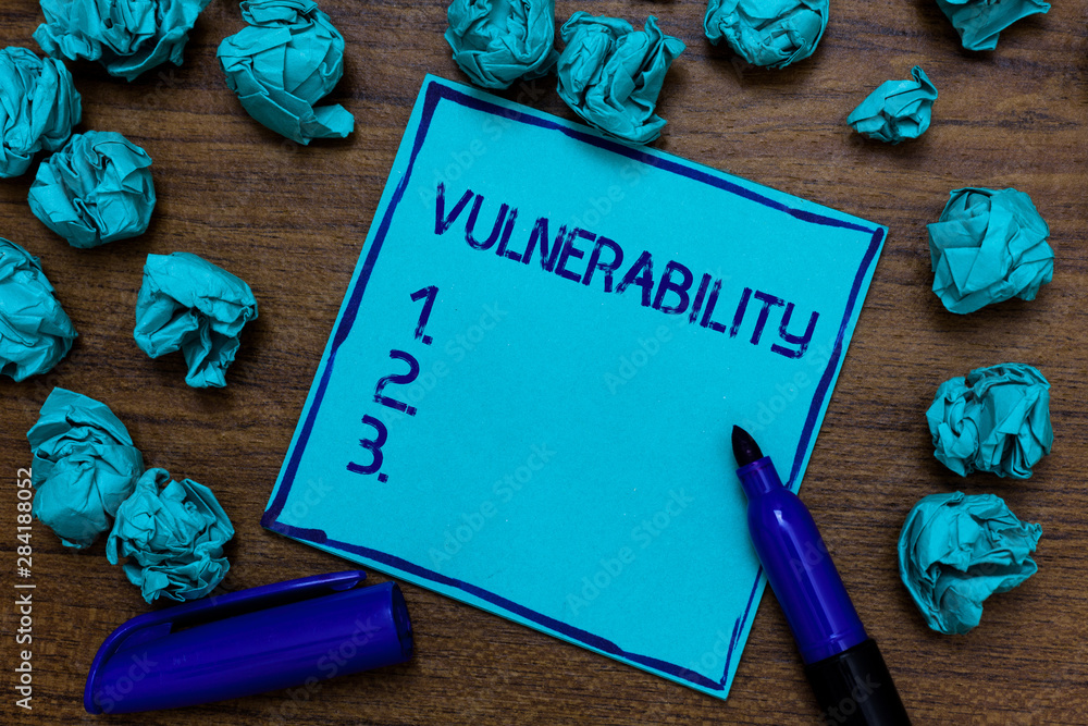 Poster handwriting text vulnerability. concept meaning information susceptibility systems bug exploitation 