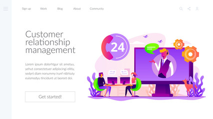 Tech support, clients assistance and hotline, help hotline, call centre. Contact center, customer service point, customer relationship management concept. Website homepage header landing web page