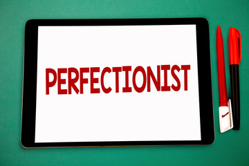 Conceptual hand writing showing Perfectionist. Business photo showcasing Person who wants everything to be perfect Highest standards Wide framed white tablet board smart screen pen cap learn