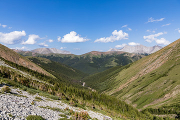 Landscape valley view with mountains on the horizon line. Rocky Mountains, Alberta, Canada.