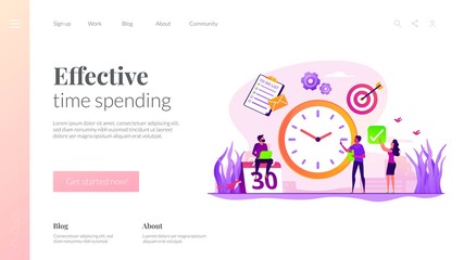 Work schedule, timetable managing. Workflow organization. Effective work scheduling. Time management, effective time spending, time planning concept. Website homepage header landing web page template.