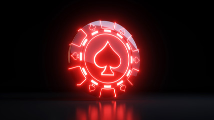 Casino Chips in Spades Symbol Concept With Neon Lights Isolated On the Black Background - 3D Illustration - obrazy, fototapety, plakaty